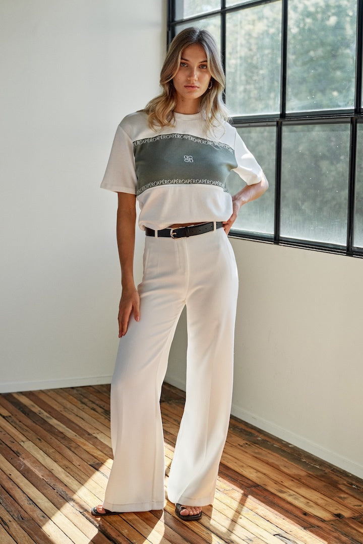 Apero Ribbon Embroidered Panel Tee - White / Forest Green