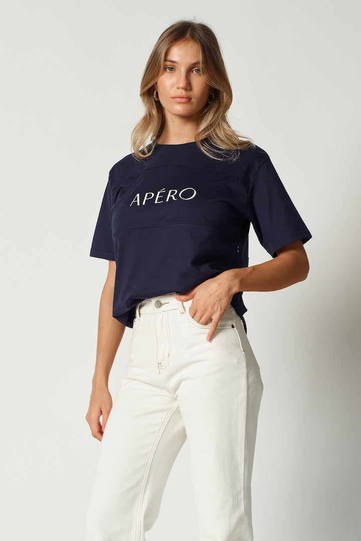 Apero Essential Embroidered Panel Nursing Tee - Navy / White