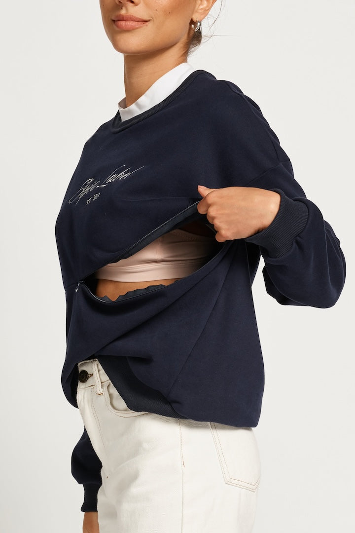 Apero Kennedy Embroidered Oversized Panel Jumper - Navy / White