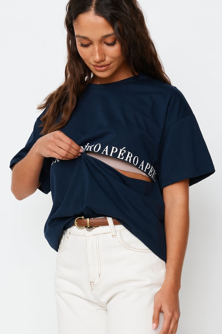 Apéro Studio Printed Longline Tee - Navy / White