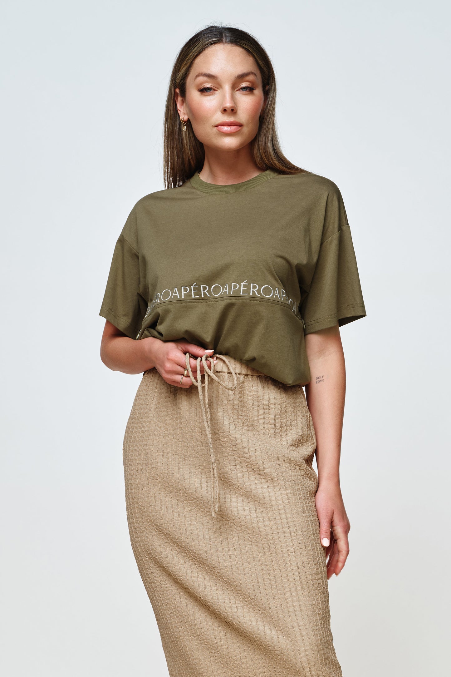 Apero Splice Embroidered Panel Tee Olive Green / Cream