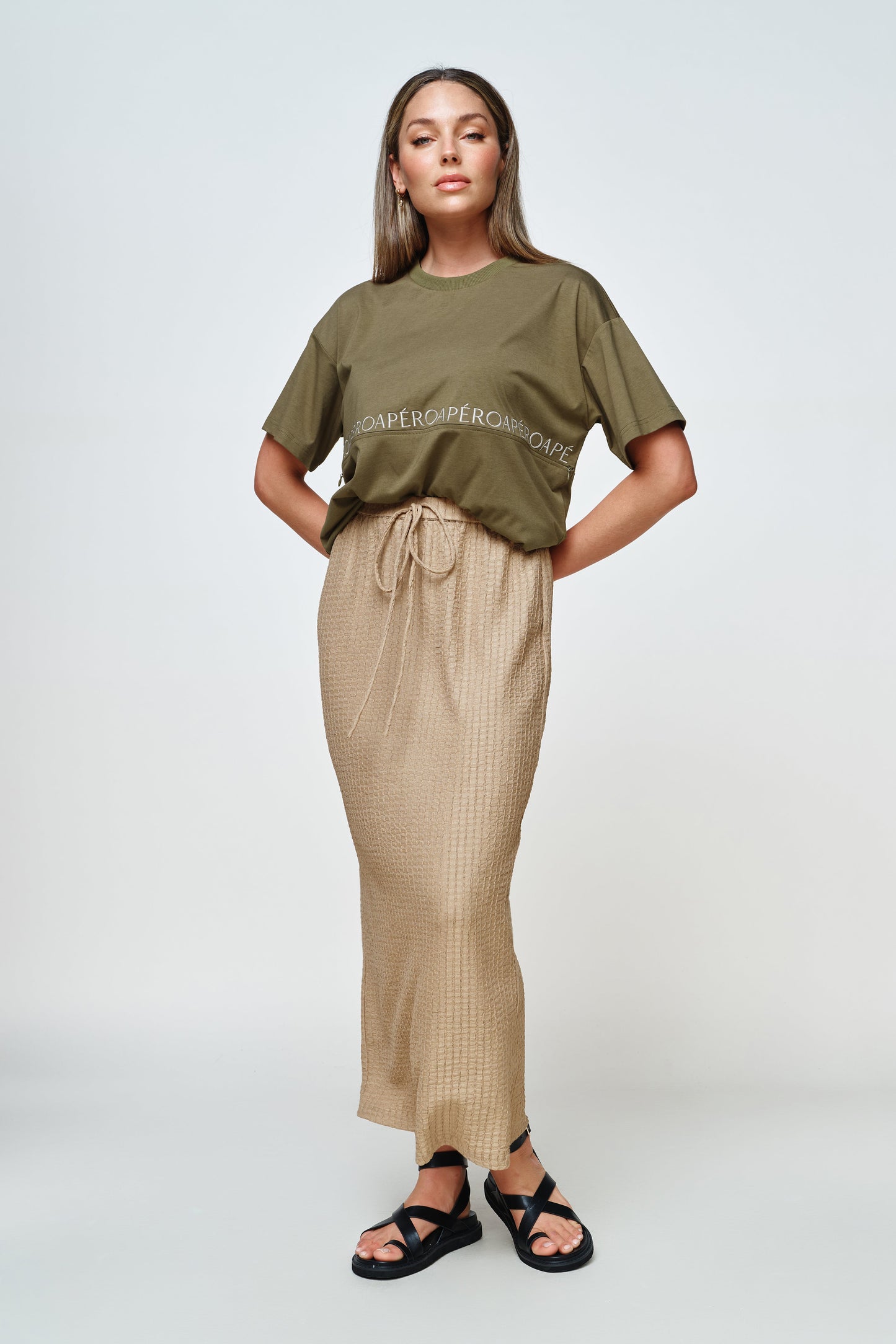 Apero Splice Embroidered Panel Tee Olive Green / Cream