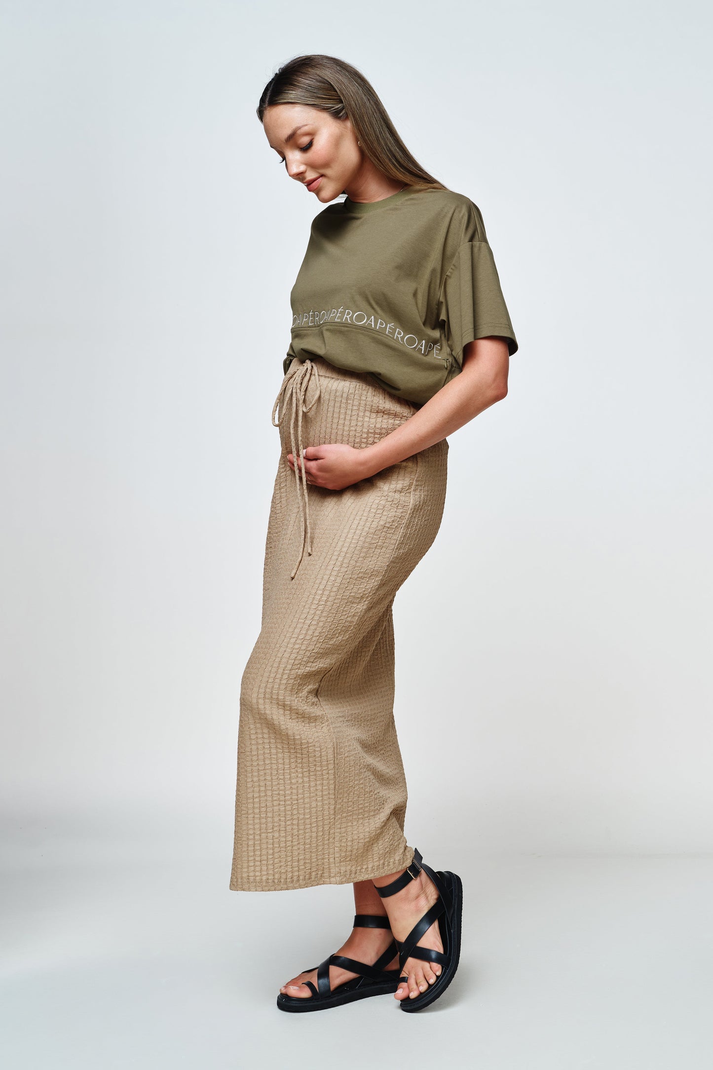 Apero Splice Embroidered Panel Tee Olive Green / Cream