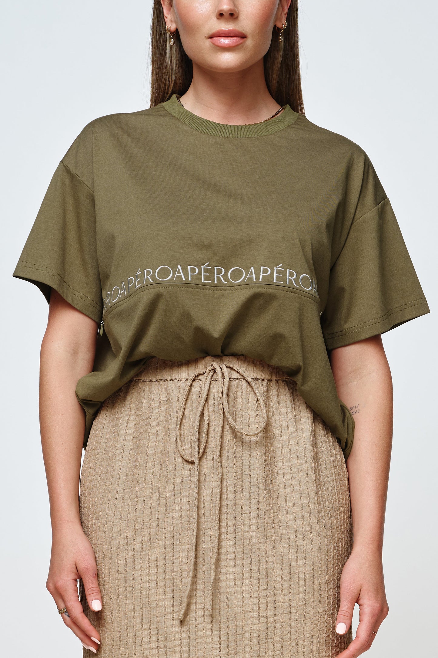 Apero Splice Embroidered Panel Tee Olive Green / Cream