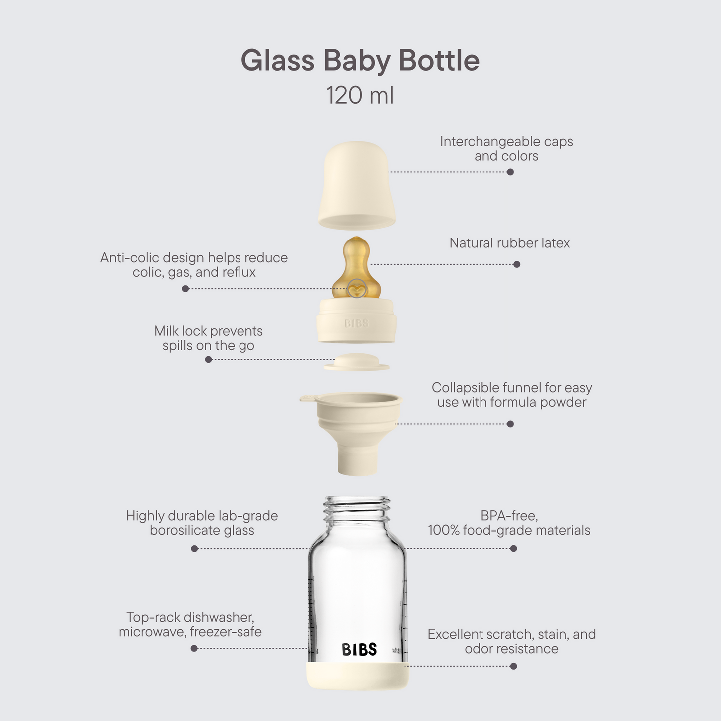 BIBS Glass Baby Bottle Complete Set 120ml Latex Teat
