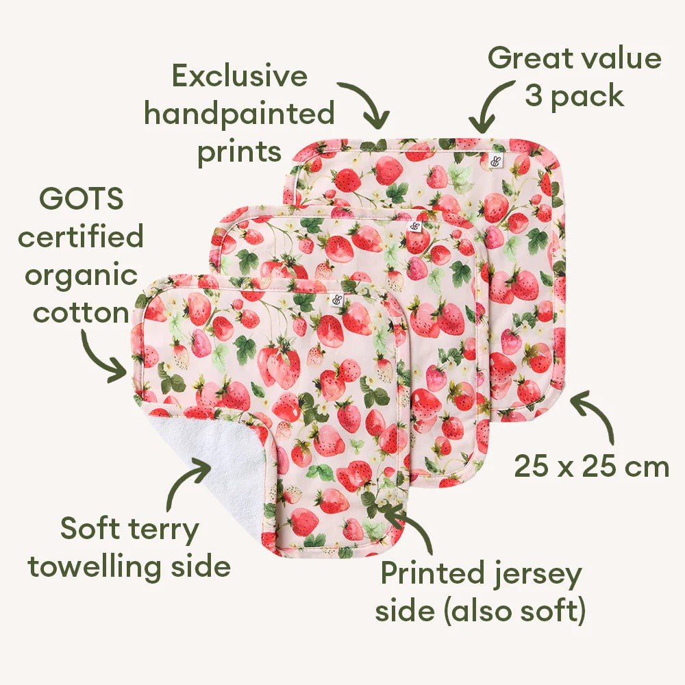 Strawberry Organic Wash Cloths 3 Pack