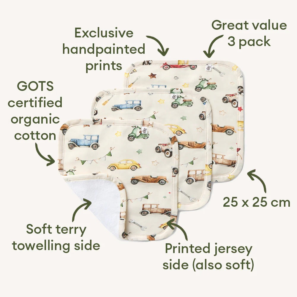 Vintage Cars Organic Wash Cloths 3 Pack