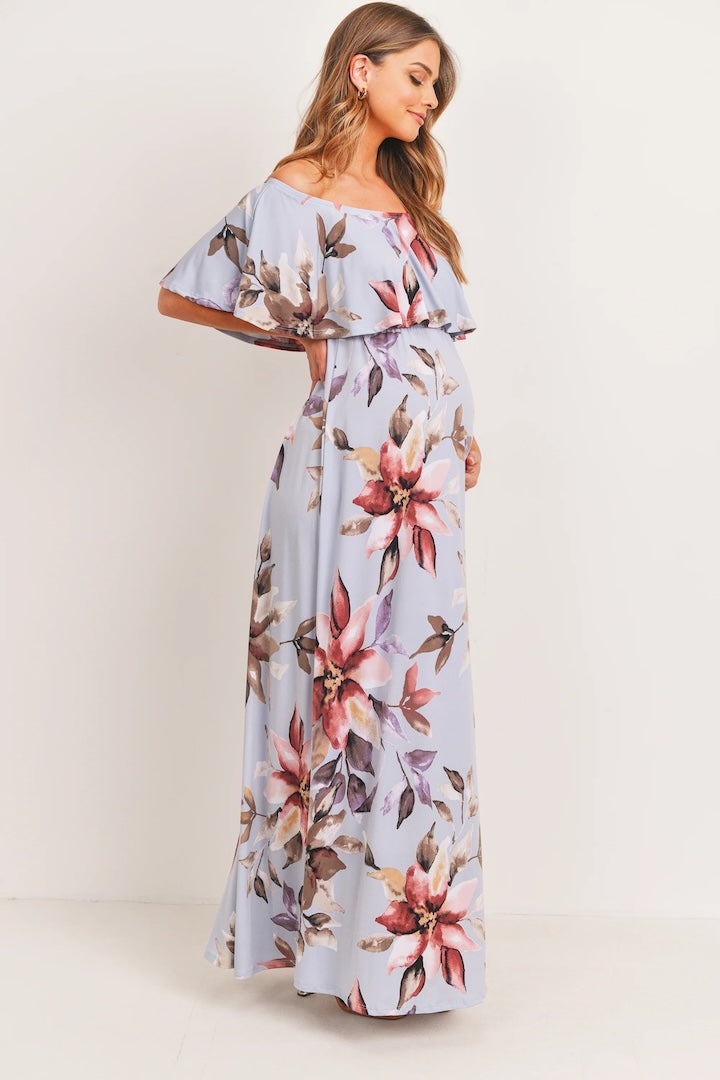 Light Blue Floral Maternity Maxi Dress Ruffle Off Shoulder
