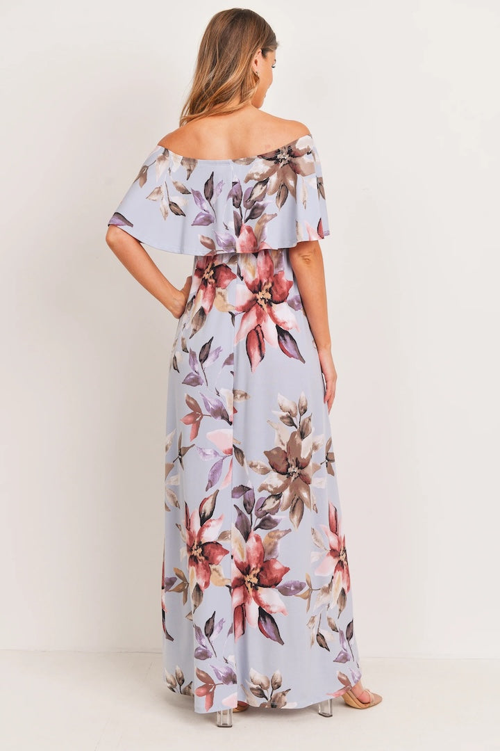 Light Blue Floral Maternity Maxi Dress Ruffle Off Shoulder