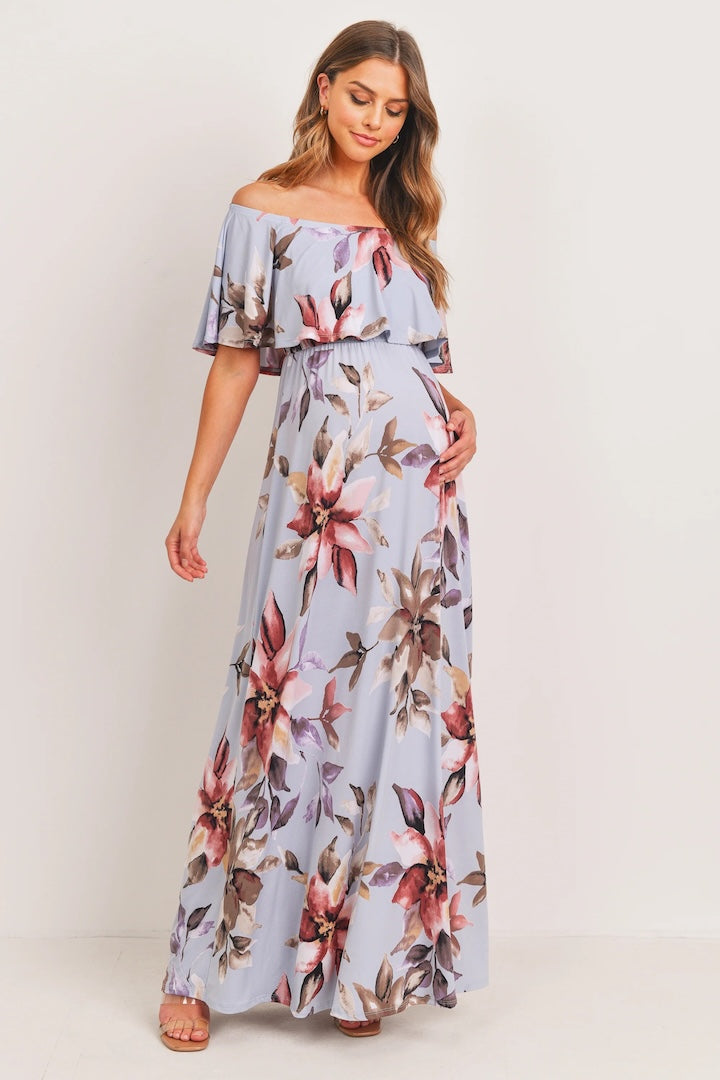 Light Blue Floral Maternity Maxi Dress Ruffle Off Shoulder