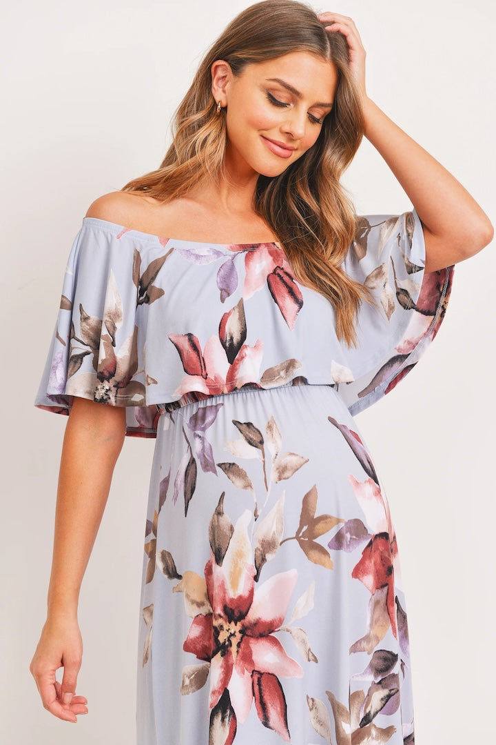 Light Blue Floral Maternity Maxi Dress Ruffle Off Shoulder