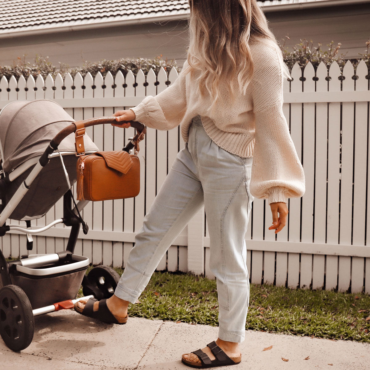 Baebina Cross Body Pram Caddy Organiser Tan - Genuine Leather