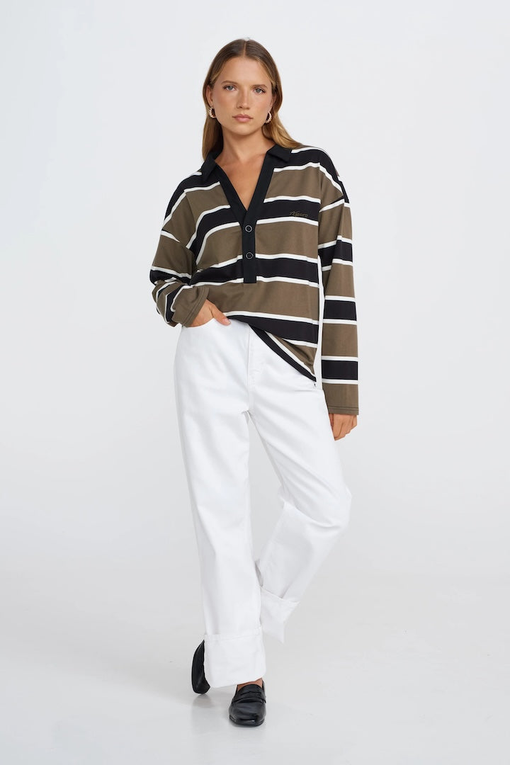 Apero Boston Stripe Jersey Top - Khaki / Black / White