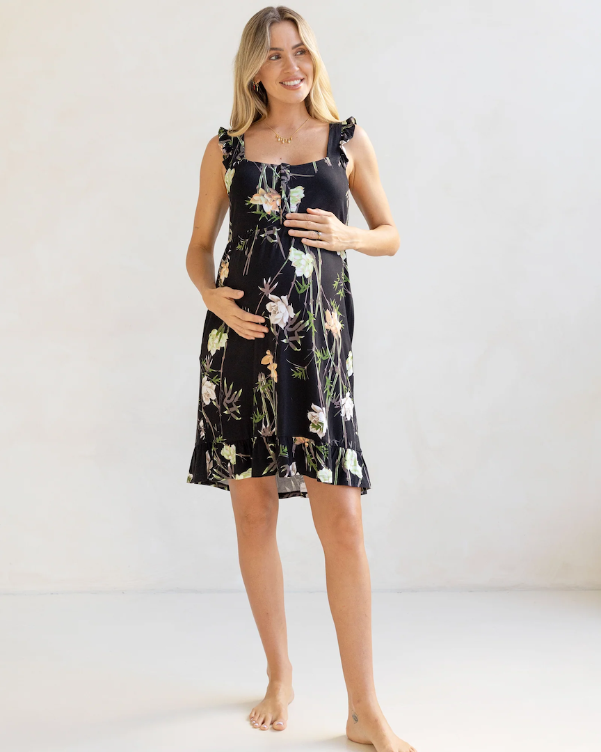 Grace Hospital Birthing Gown with Nursing Access - Black Floral Print