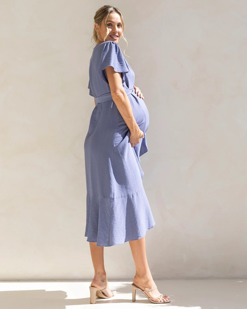 Molly Maternity Wrap Midi Dress In Iris Blue