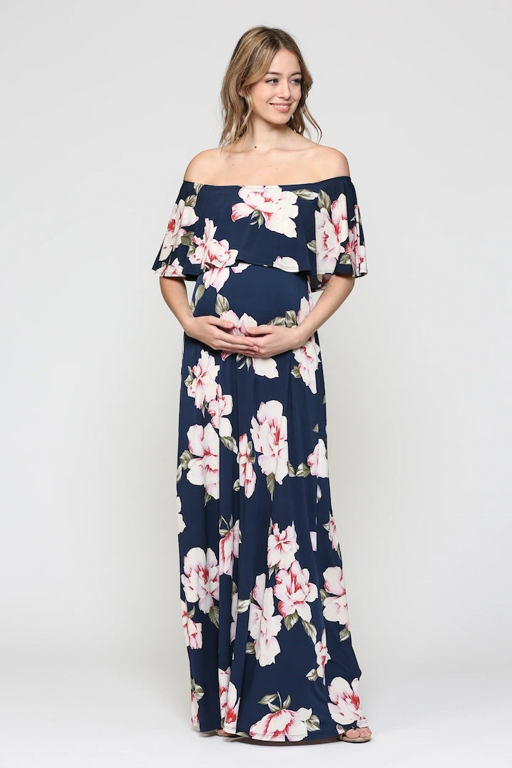 Navy Blush Florals Off Shoulder Ruffle Maxi Maternity Dress