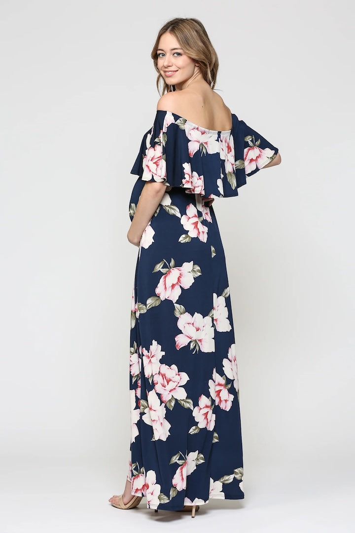 Navy Blush Florals Off Shoulder Ruffle Maxi Maternity Dress