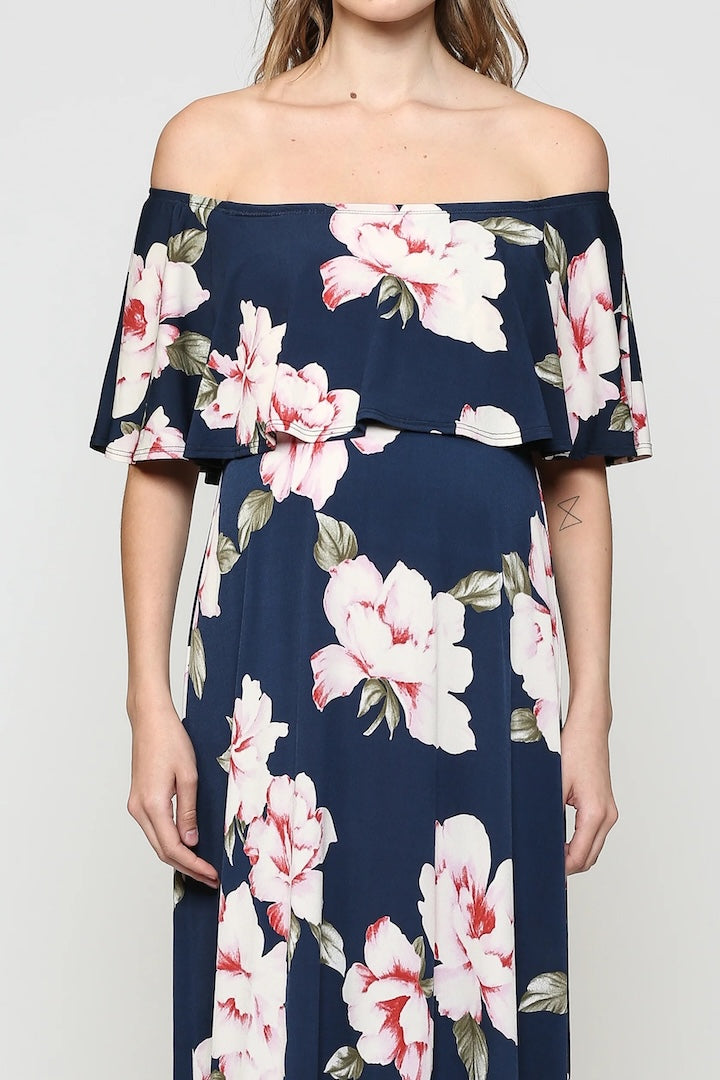 Navy Blush Florals Off Shoulder Ruffle Maxi Maternity Dress