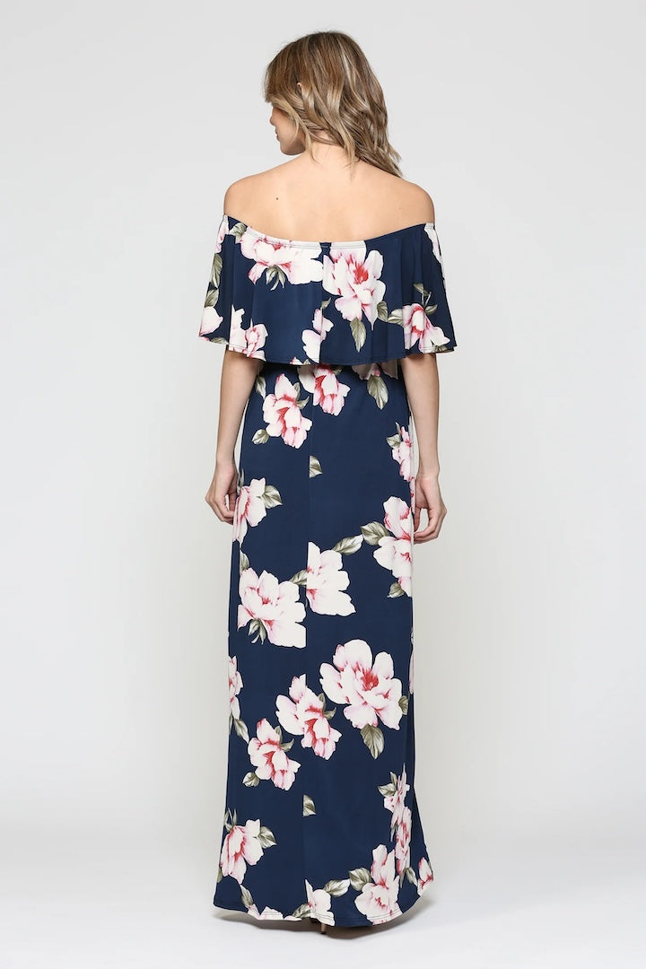 Navy Blush Florals Off Shoulder Ruffle Maxi Maternity Dress