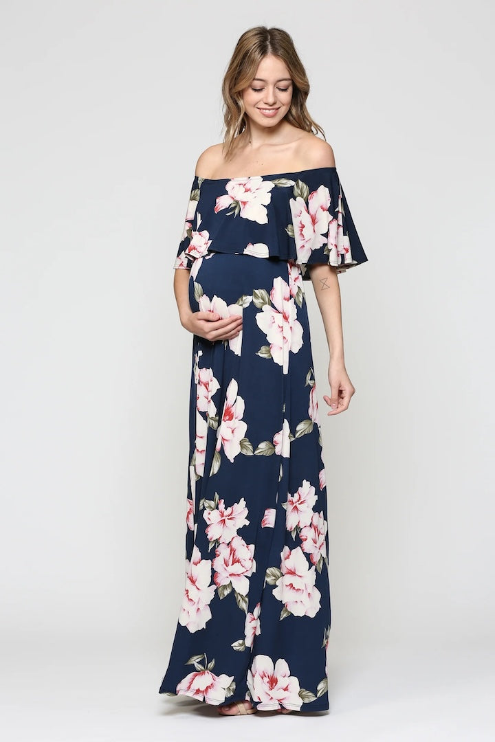 Navy Blush Florals Off Shoulder Ruffle Maxi Maternity Dress