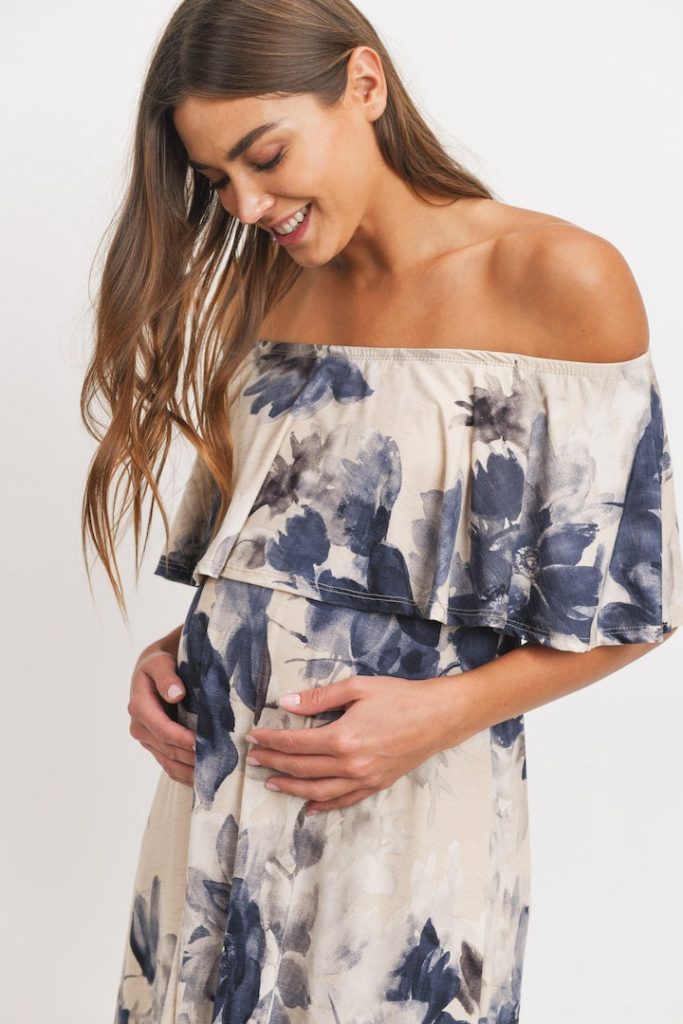 Taupe Floral Maternity Maxi Dress Ruffle Off Shoulder