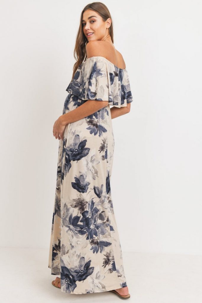 Taupe Floral Maternity Maxi Dress Ruffle Off Shoulder