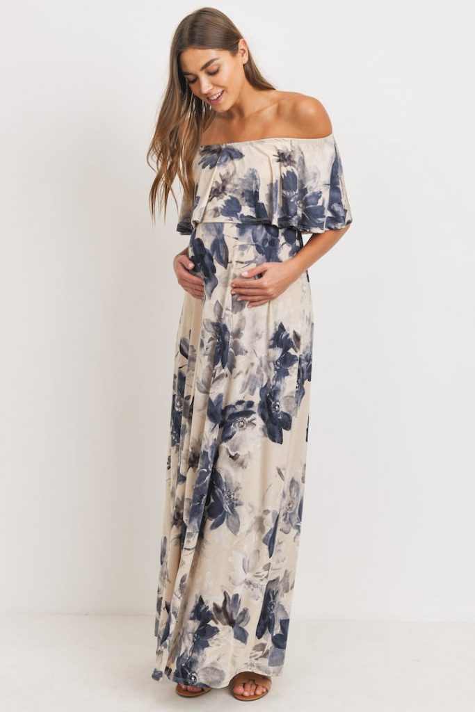 Taupe Floral Maternity Maxi Dress Ruffle Off Shoulder