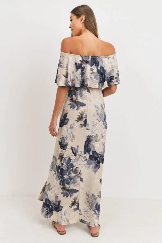 Taupe Floral Maternity Maxi Dress Ruffle Off Shoulder