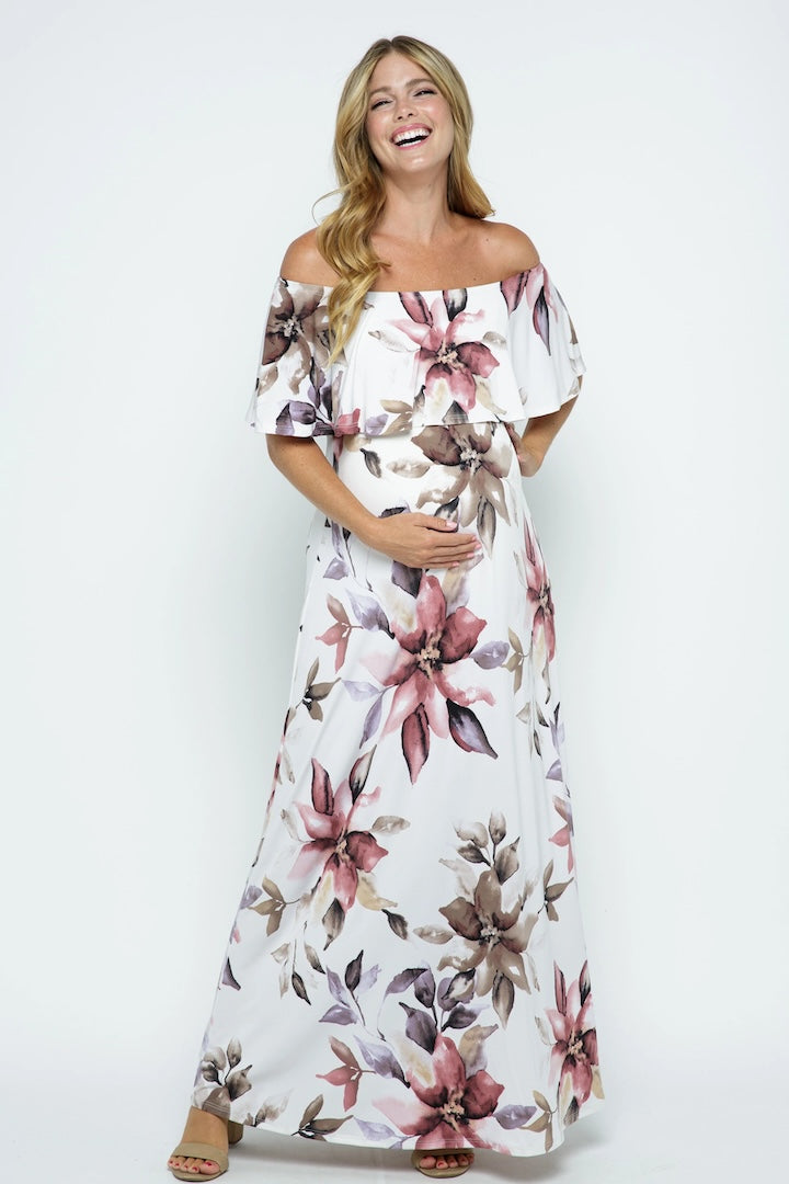 Ivory Floral Maternity Maxi Dress Ruffle Off Shoulder