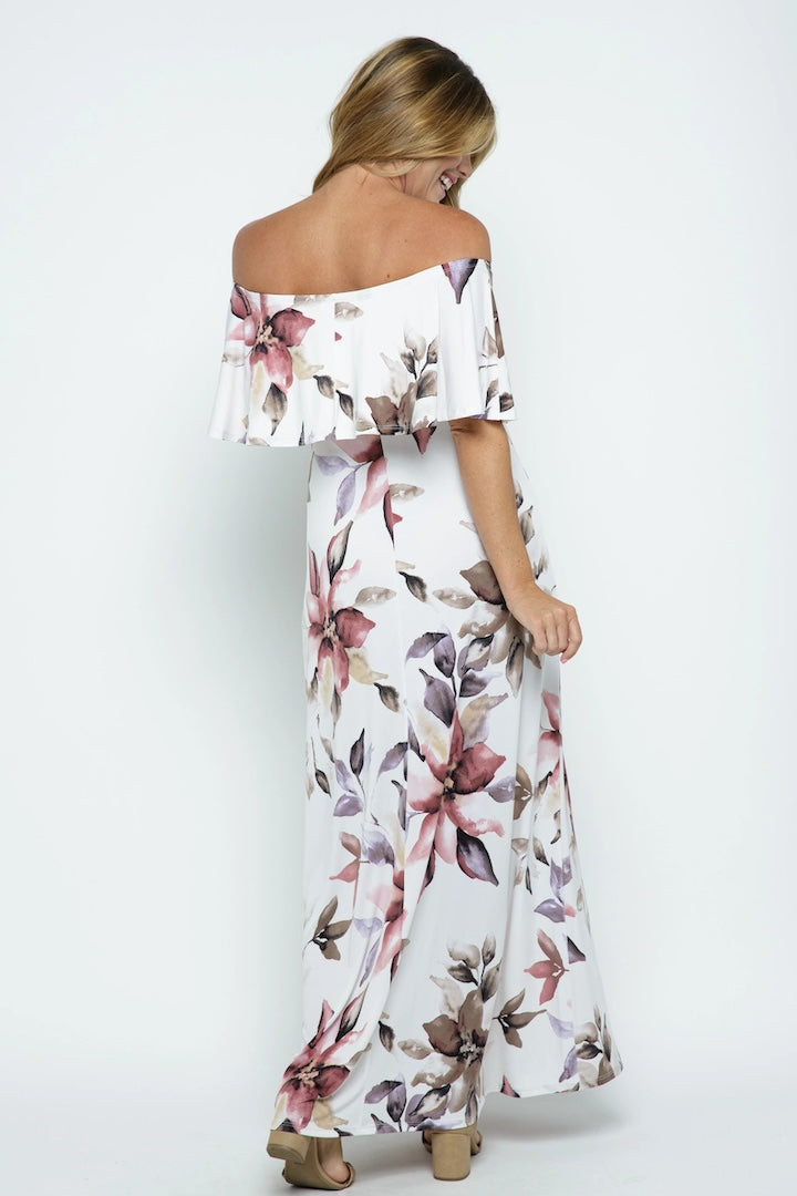 Ivory Floral Maternity Maxi Dress Ruffle Off Shoulder
