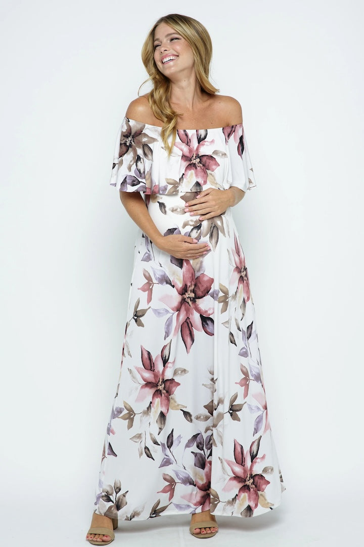 Ivory Floral Maternity Maxi Dress Ruffle Off Shoulder
