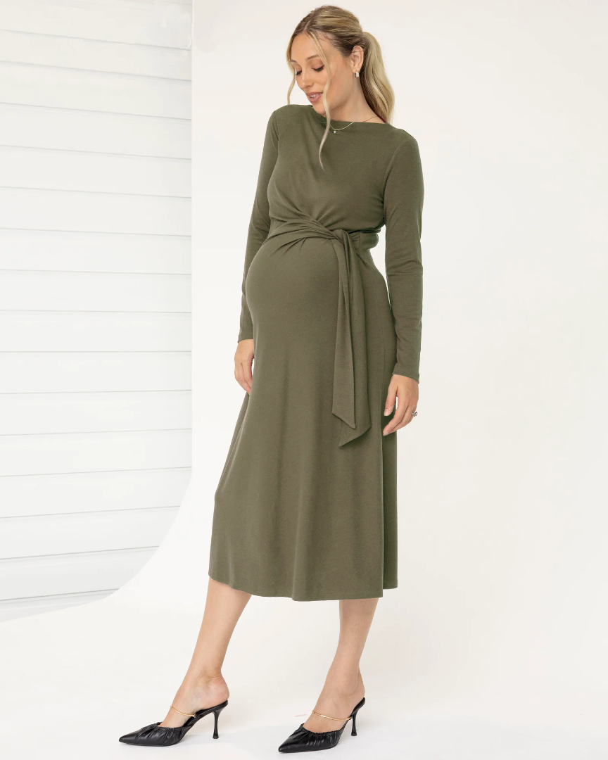 Nina Maternity Side Tie Dress – Dusty Olive