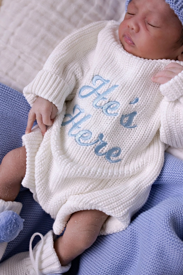 "He's Here" Chunky Knit Romper Snow Newborn