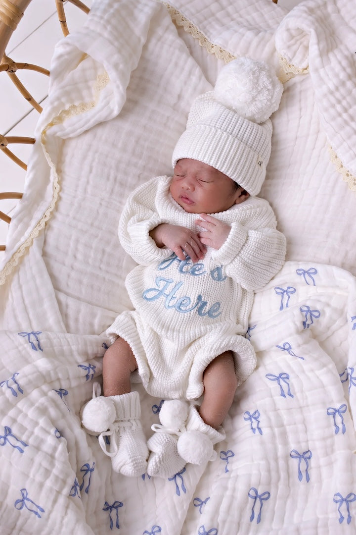 "He's Here" Chunky Knit Romper Snow Newborn