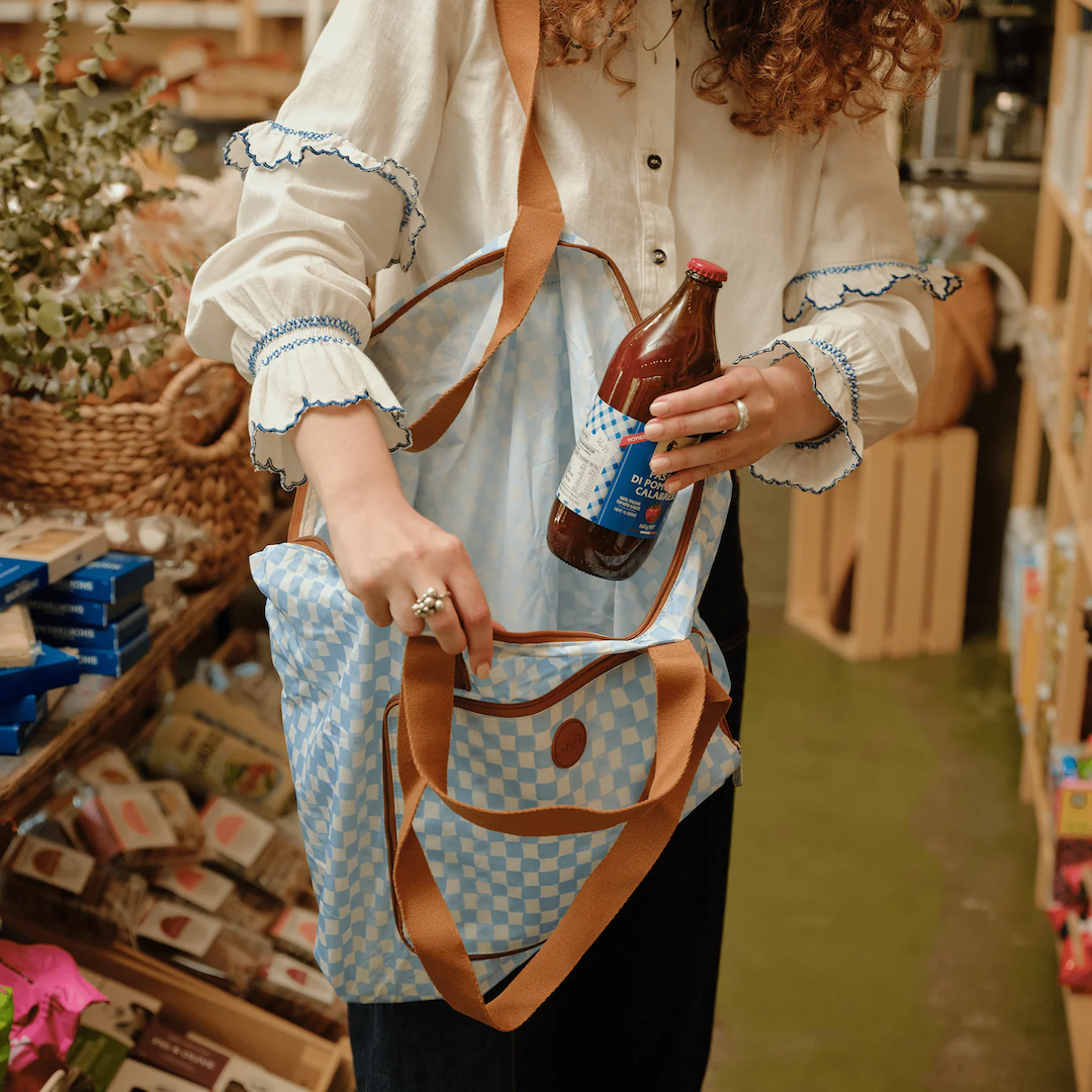 OiOi Fold Up Tote Blue Check