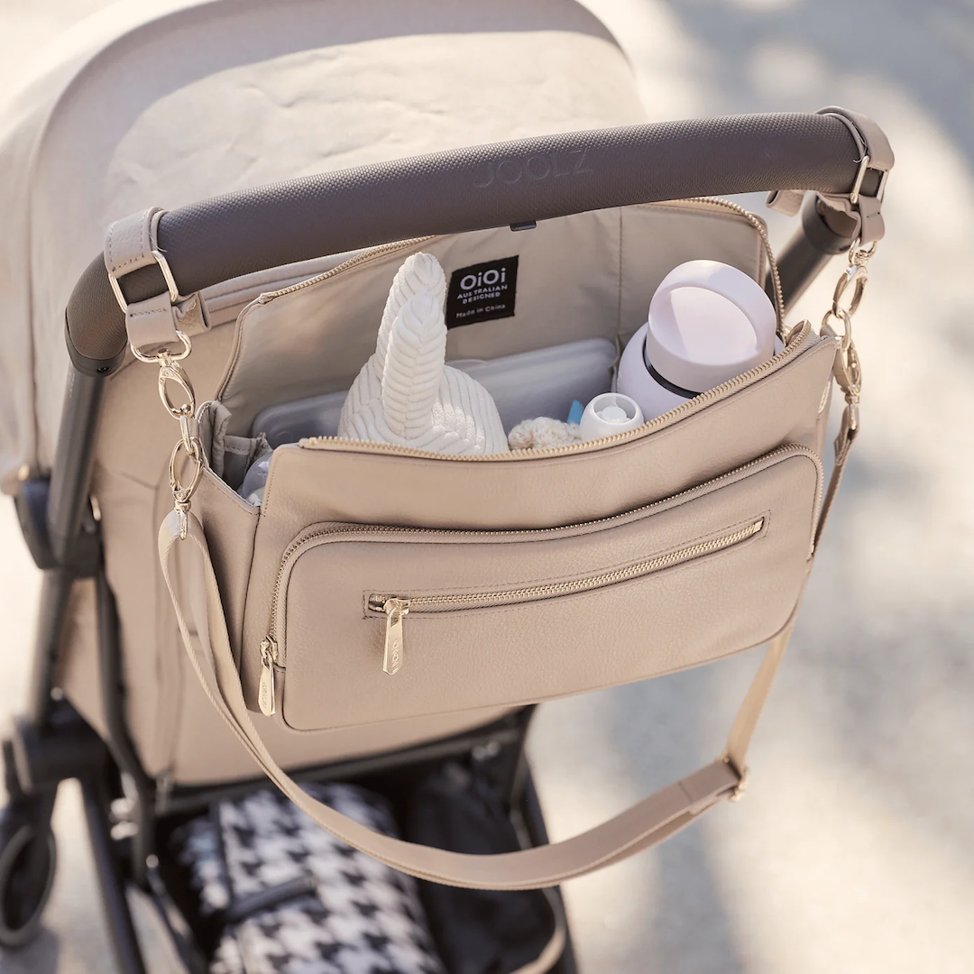 OiOi Multitasker Pram Caddy 2.0 Oat Vegan Leather