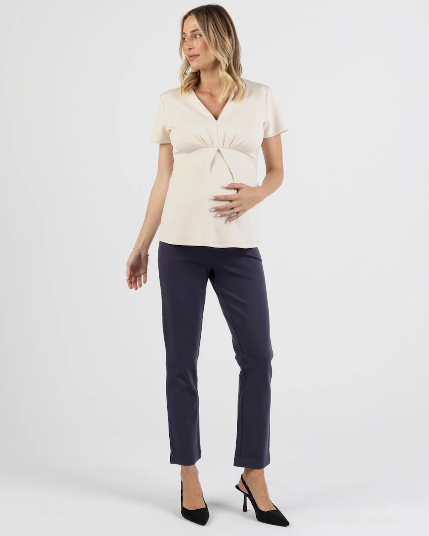 Sabine Soft Ponte Maternity V-Neck Work Top in Beige
