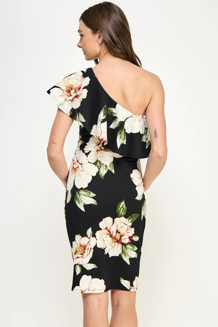 Ruffled One Shoulder Maternity Dress Black Floral