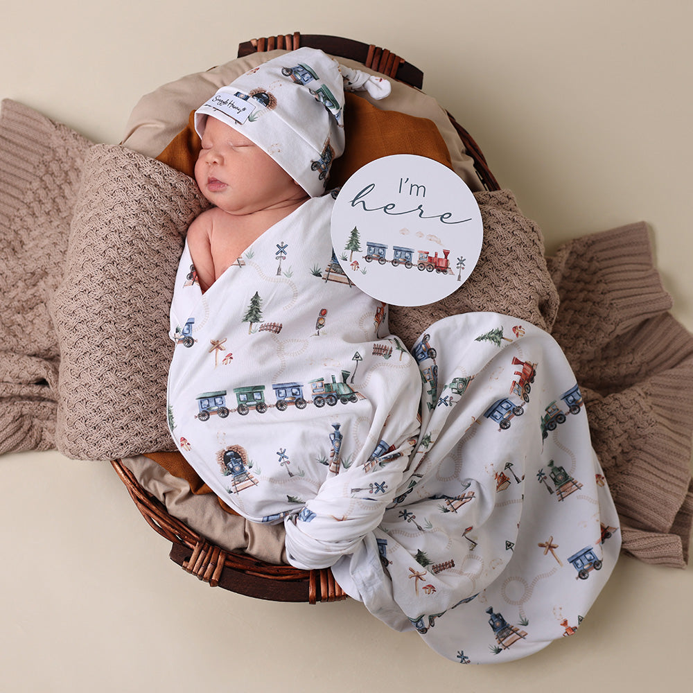Snuggle Hunny Trains Organic Jersey Wrap & Beanie Set