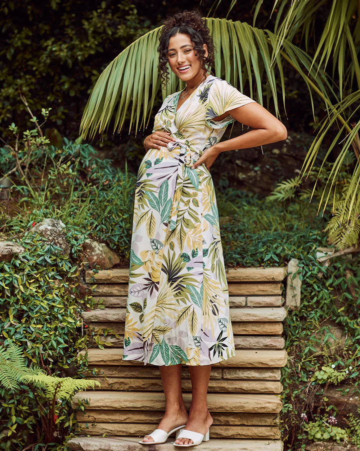 Isabella Maternity WrapMidi Dress - Green Palm Print