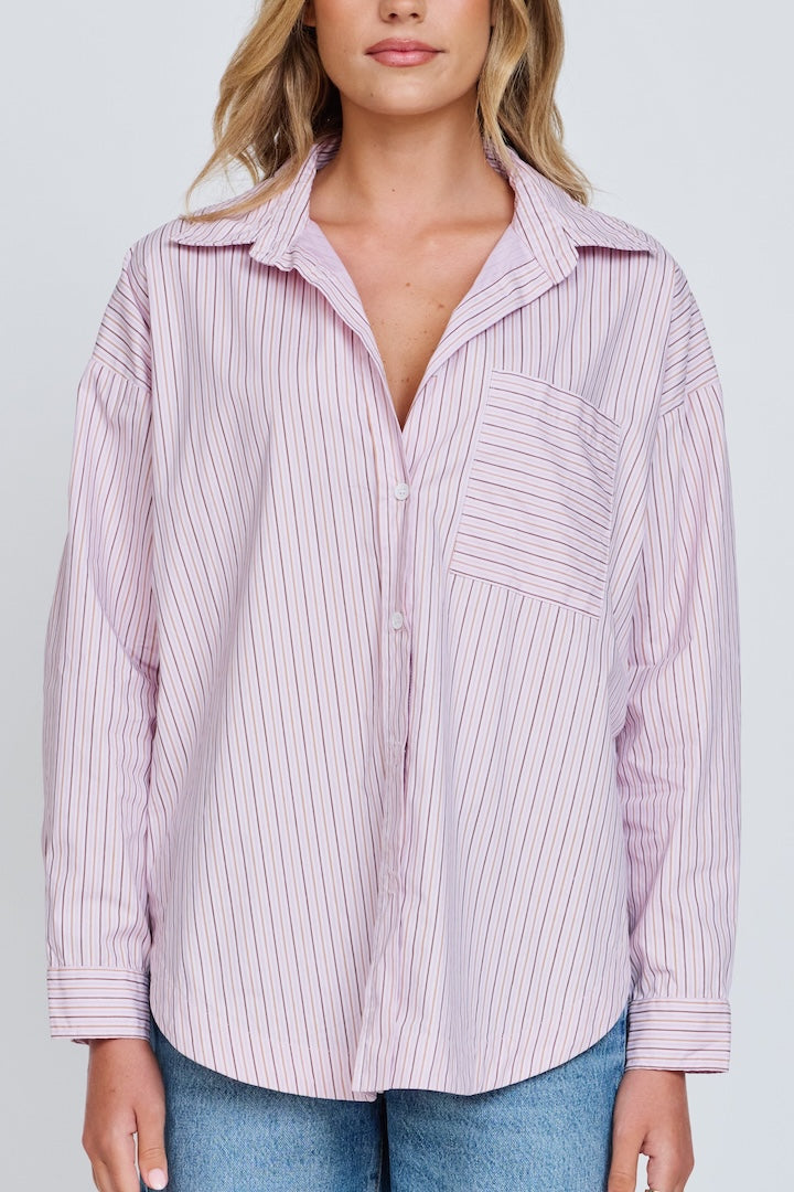 apéro Morgan Stripe Wrap Button-Down Shirt - Pink Multi