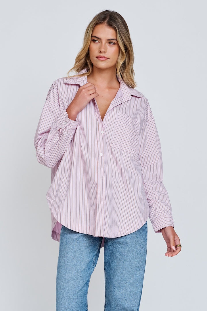 apéro Morgan Stripe Wrap Button-Down Shirt - Pink Multi