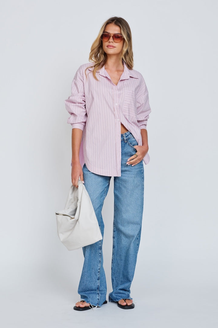 apéro Morgan Stripe Wrap Button-Down Shirt - Pink Multi