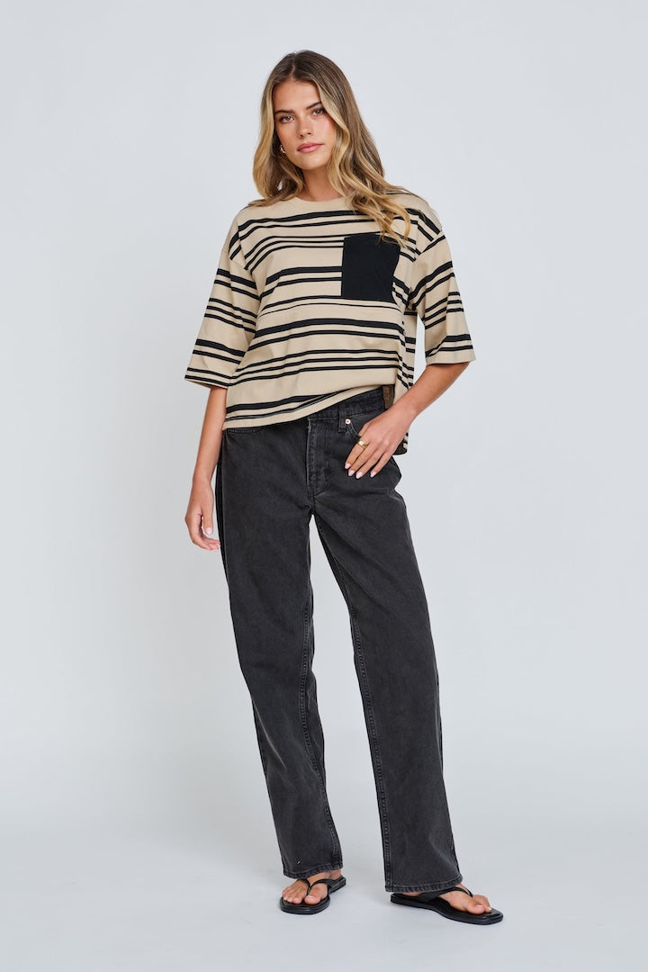 apéro Brooklyn Stripe Slouch Panel Tee - Beige / Black