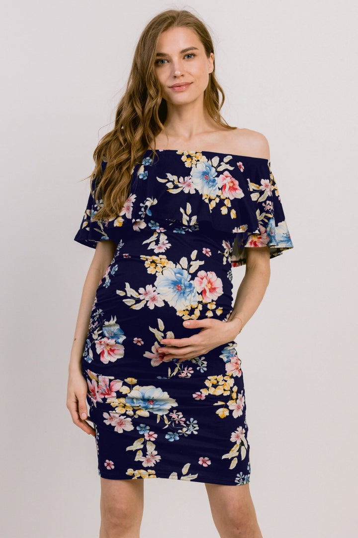 Navy Blue Floral Off Shoulder Ruffle Mini Maternity Dress