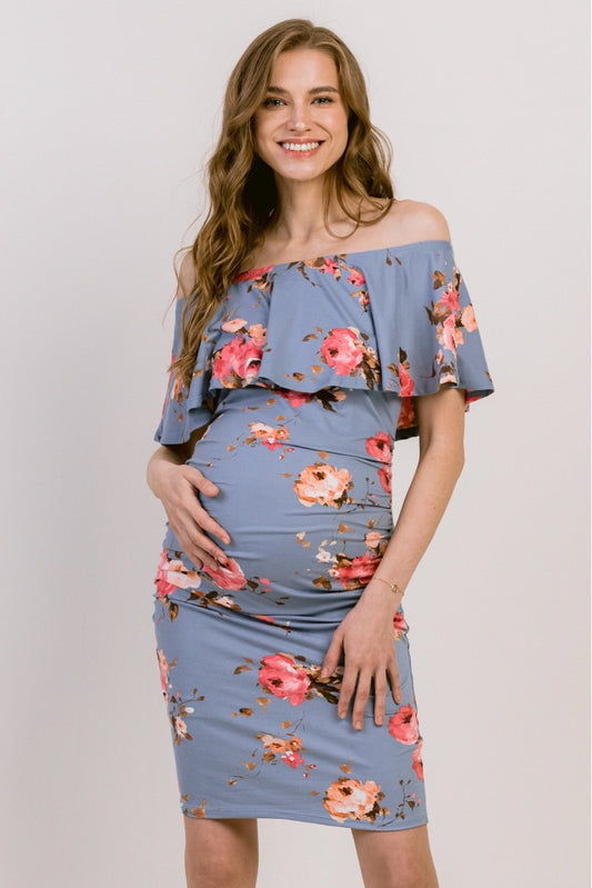 Floral Ruffled Off Shoulder Dress Denim Blue