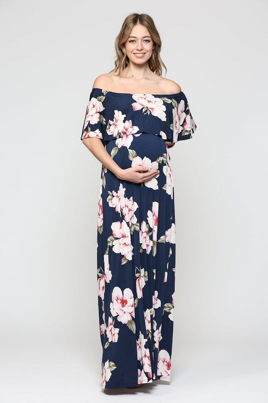 Navy Blush Florals Off Shoulder Ruffle Maxi Maternity Dress