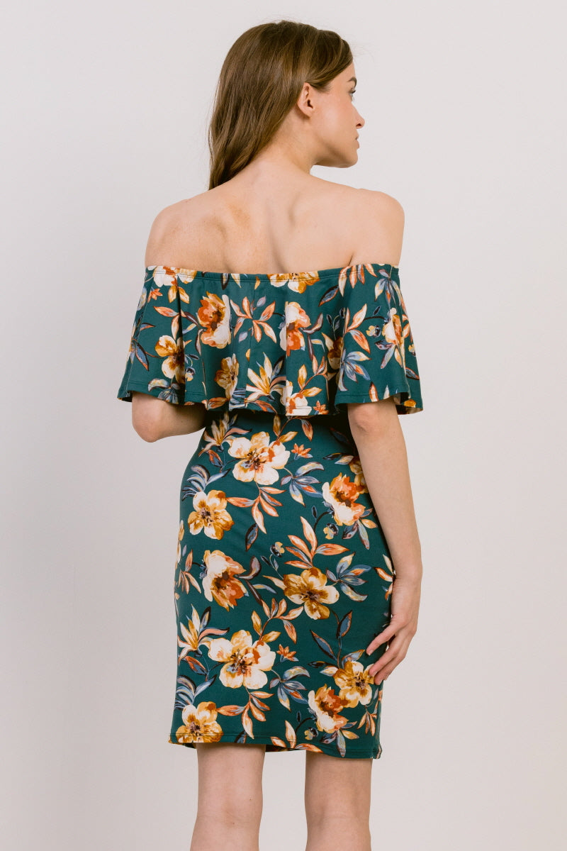 Hello Miz Hunter Green Floral Off Shoulder Ruffle Mini Maternity Dress