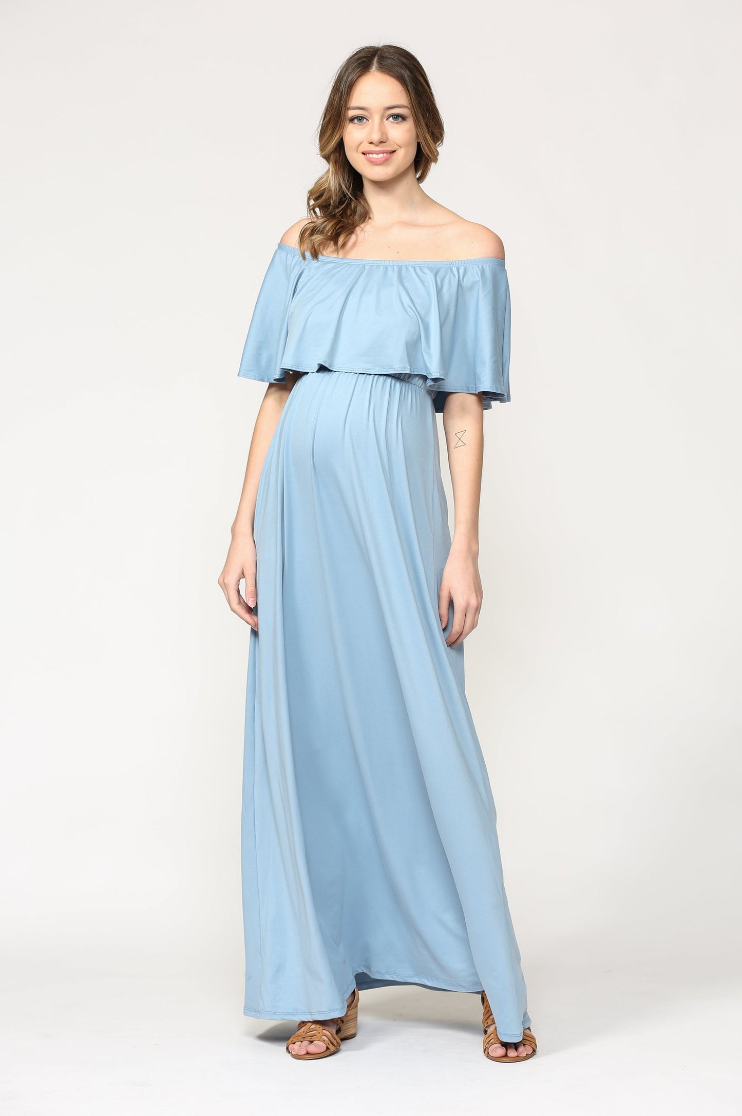 Hello Miz Ruffle Off Shoulder Maxi Maternity Dress