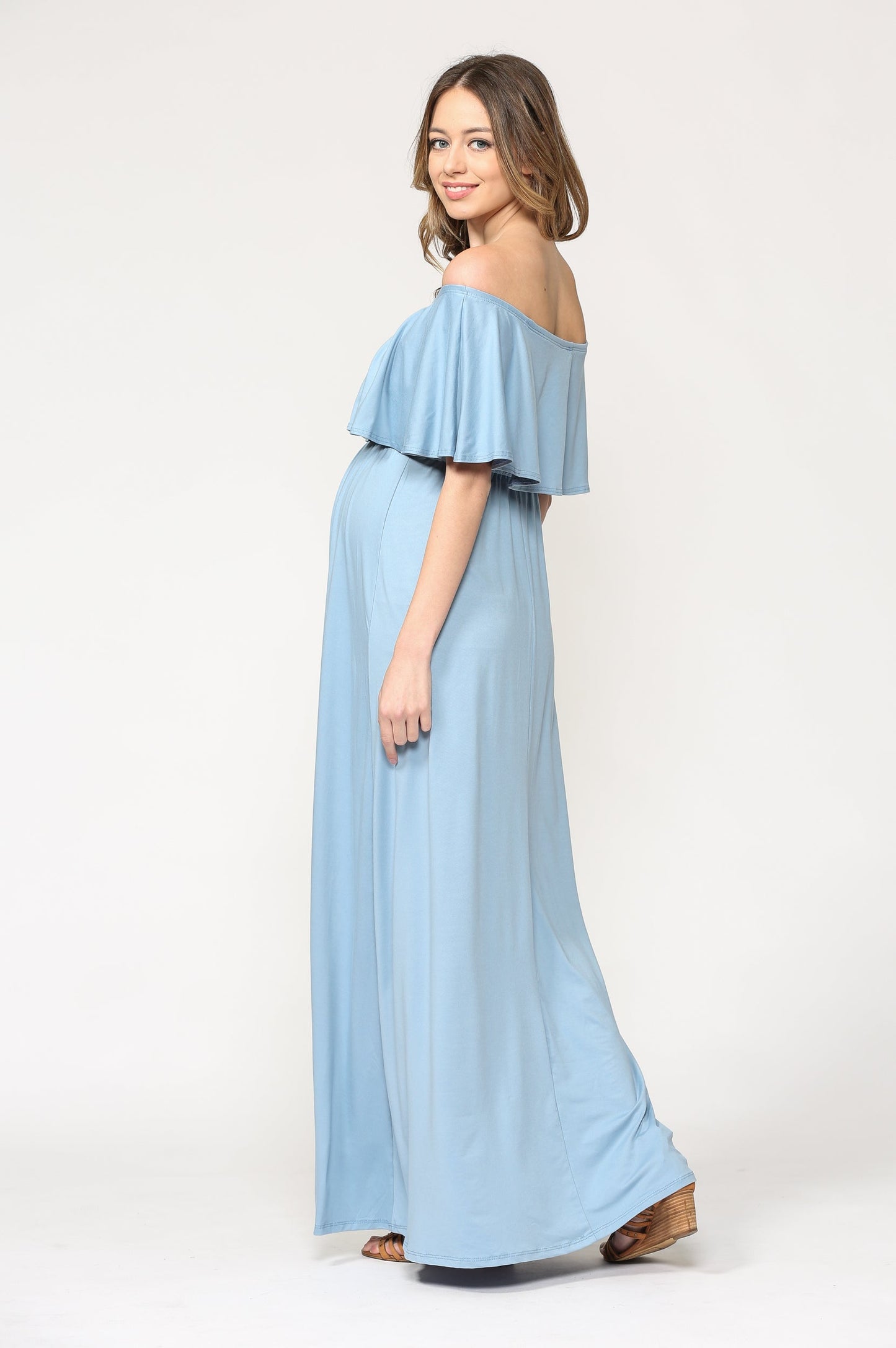 Hello Miz Ruffle Off Shoulder Maxi Maternity Dress